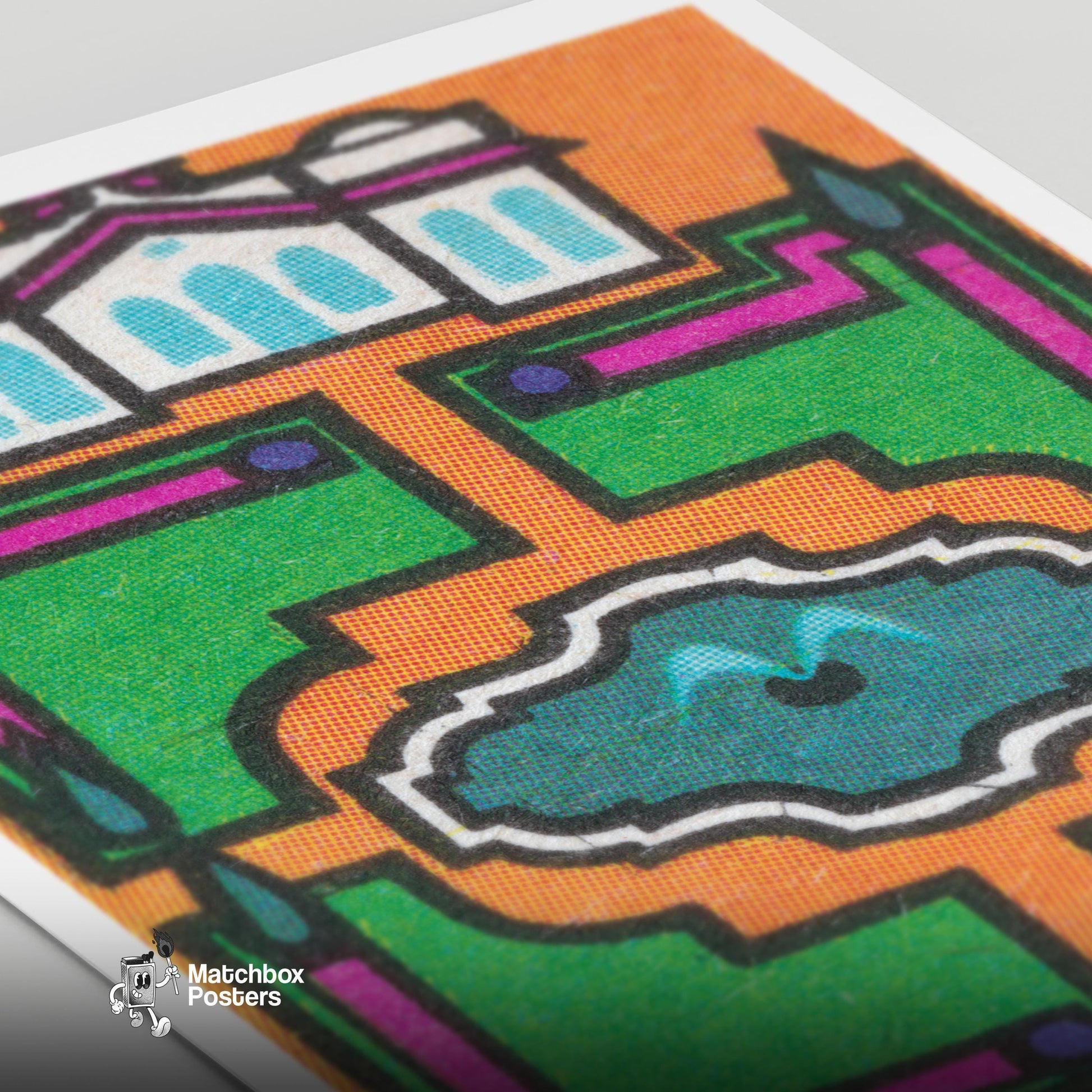 Stylized Building - vintage matchbox label print - close-up detail