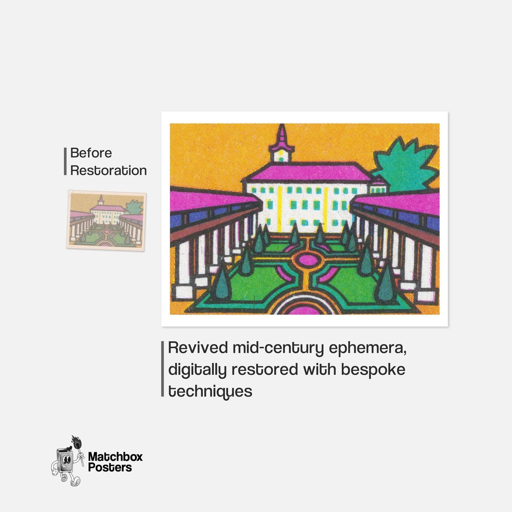 Purple Roofs - vintage matchbox label print - framed wall art preview