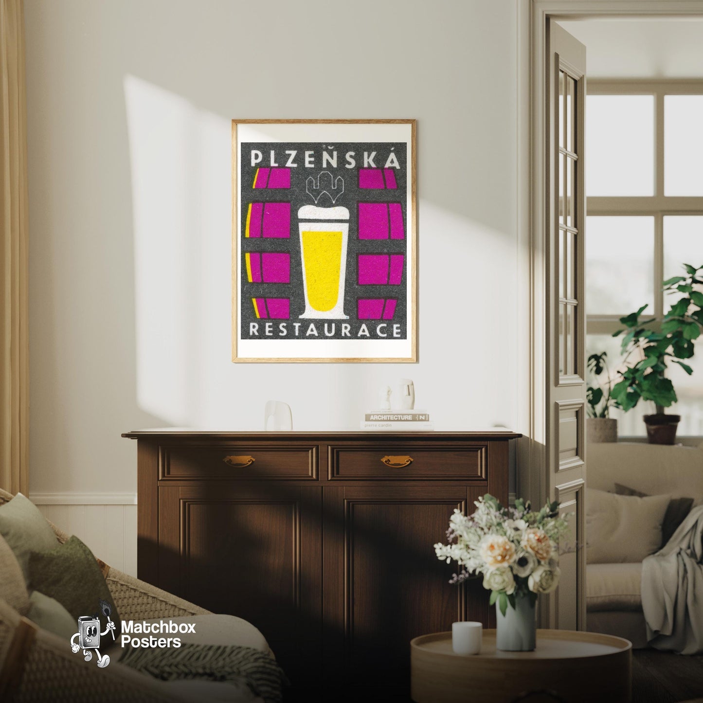 Beer Glass - vintage matchbox label print - living room mockup