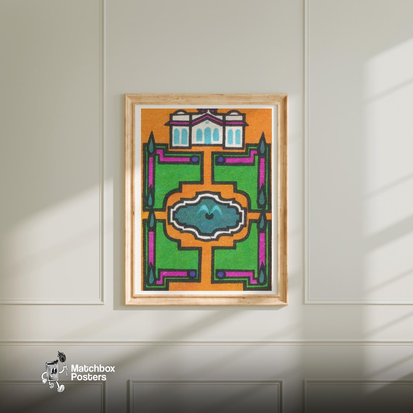 Stylized Building - vintage matchbox label print - bedroom mockup
