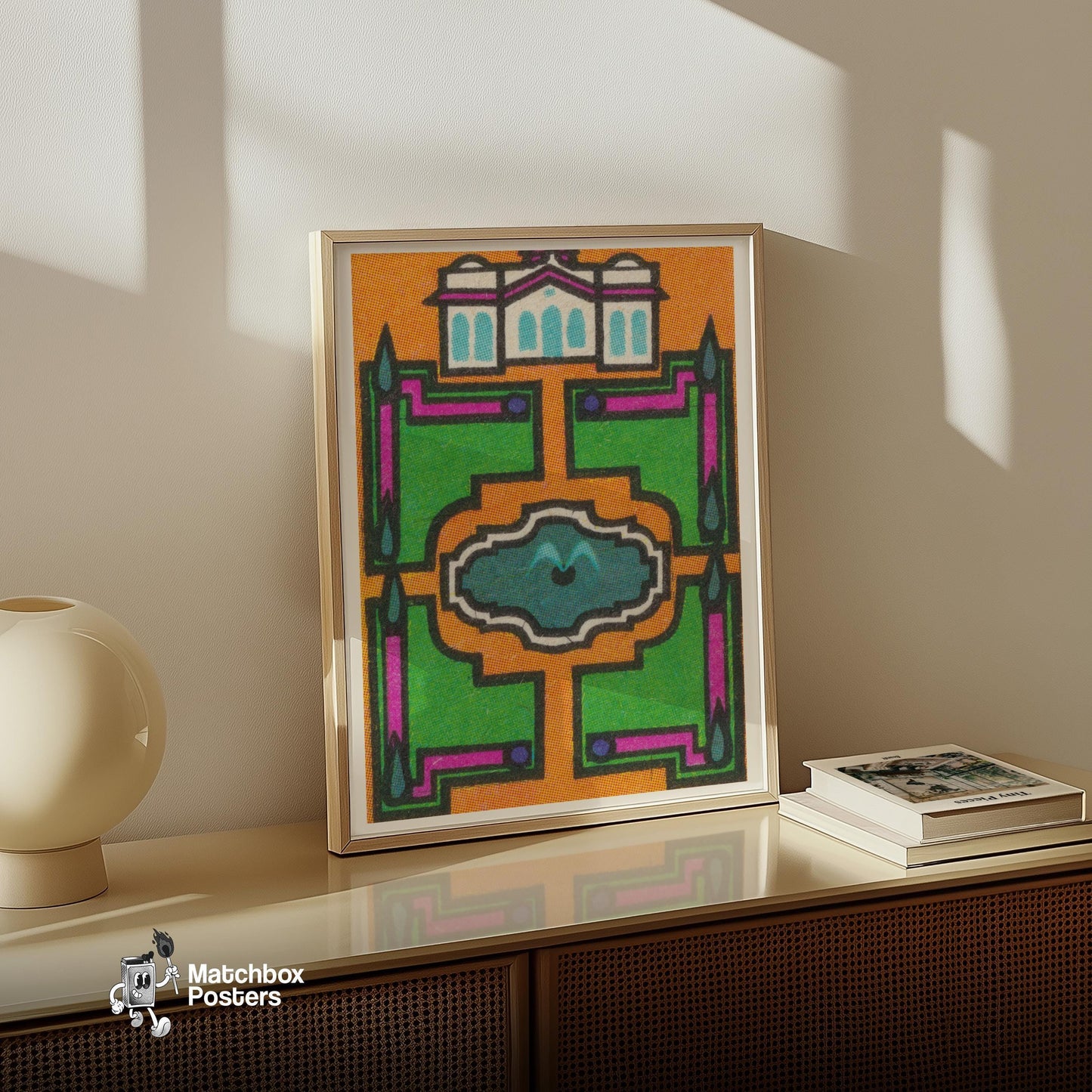 Stylized Building - vintage matchbox label print - size comparison