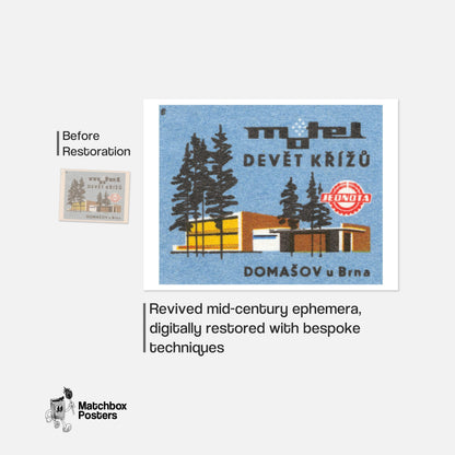 Modern Forest Motel - vintage matchbox label print - framed wall art preview