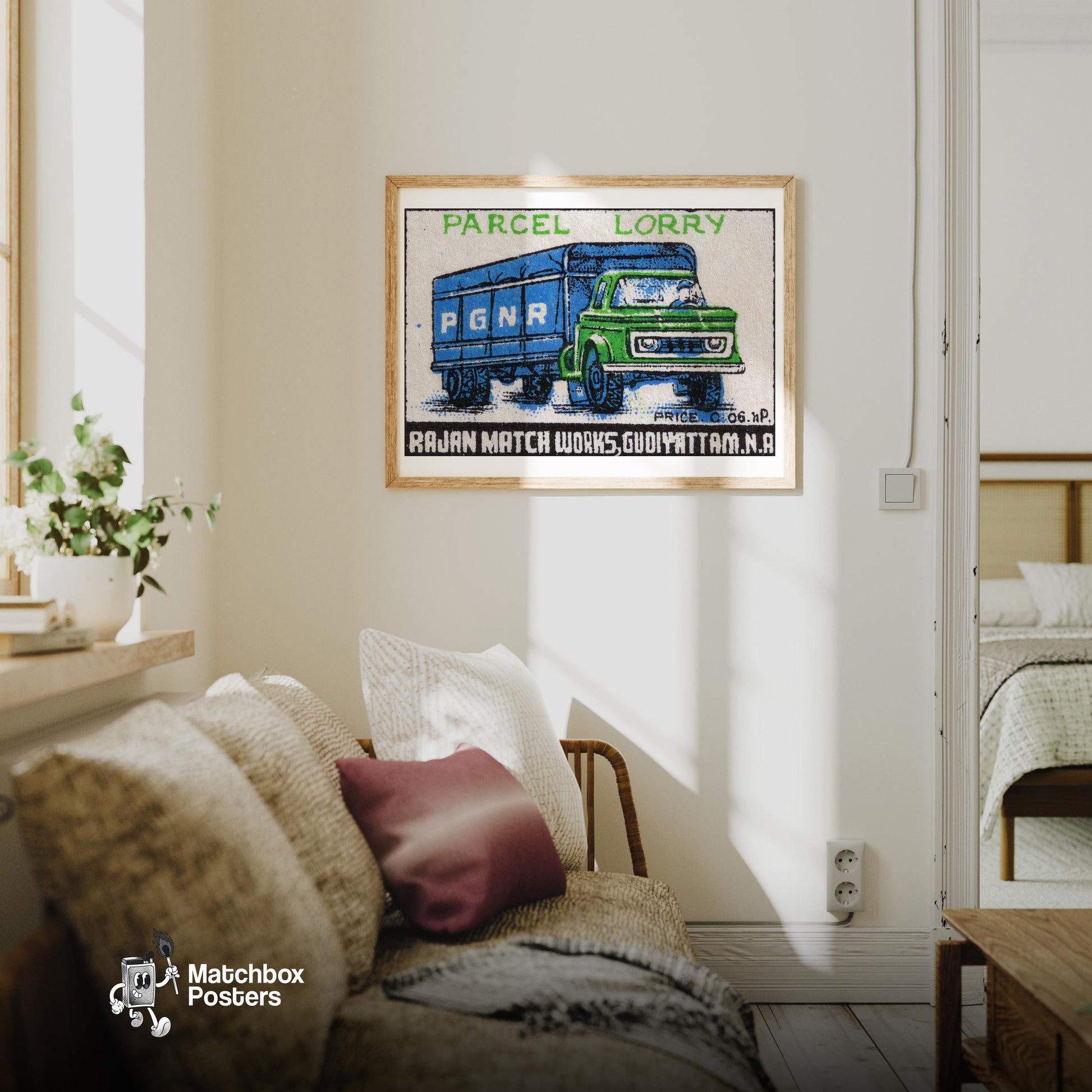 Parcel Lorry - vintage matchbox label print - living room mockup