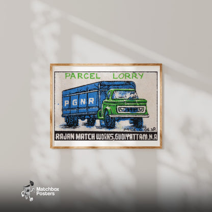 Parcel Lorry - vintage matchbox label print - bedroom mockup