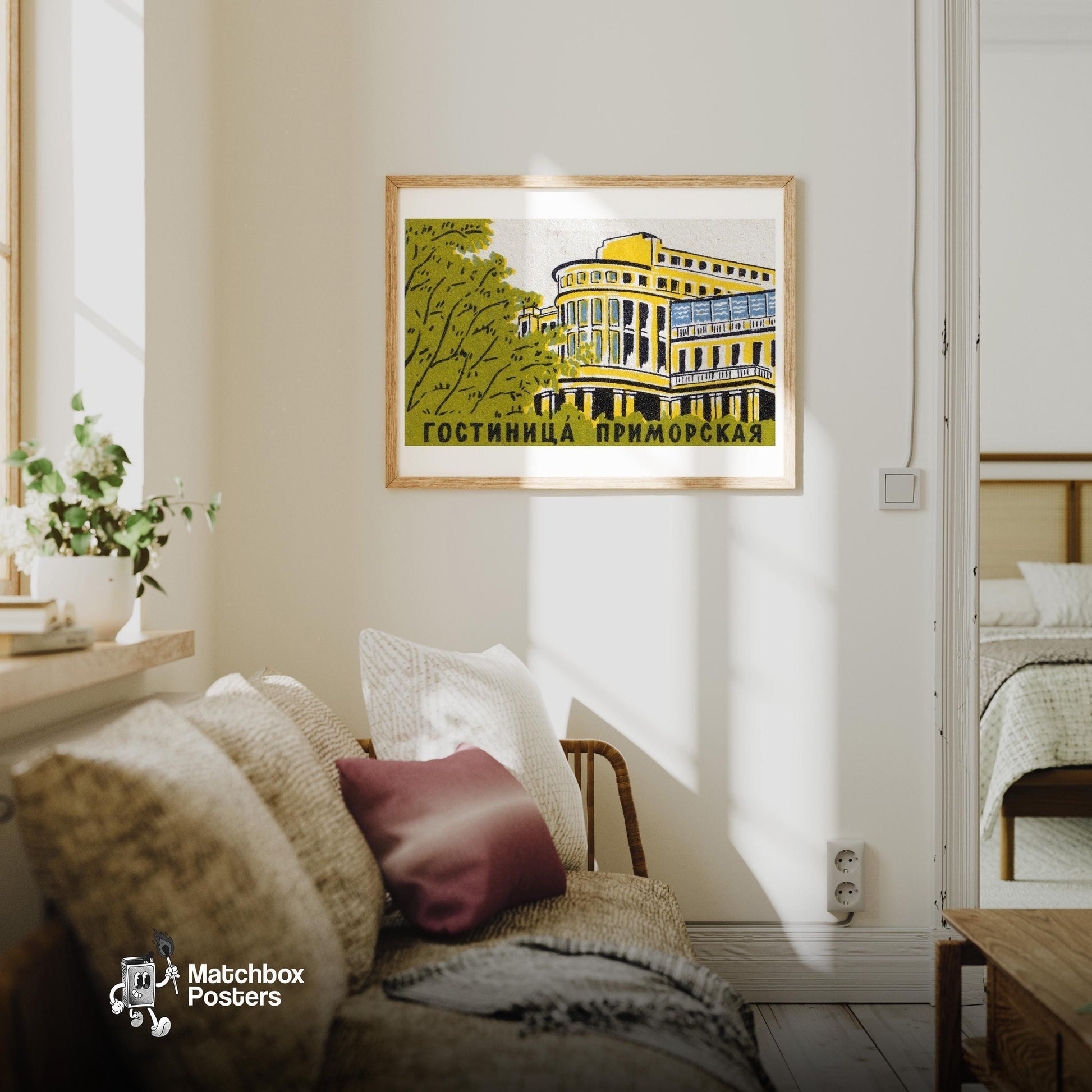 Hotel Primorskaya - vintage matchbox label print - living room mockup