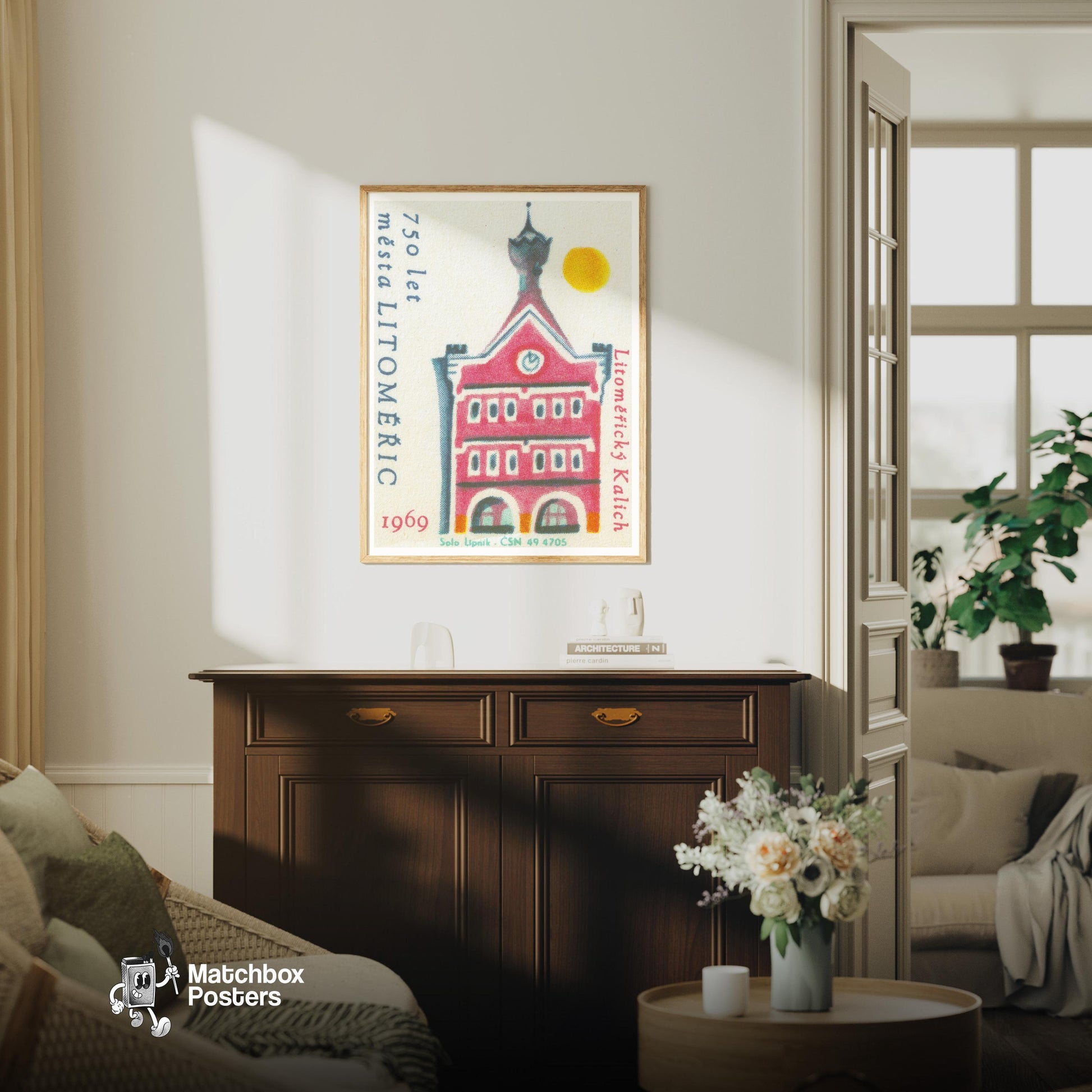 Red Building - vintage matchbox label print - living room mockup