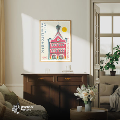 Red Building - vintage matchbox label print - living room mockup