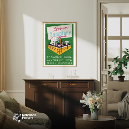 White Mushrooms - vintage matchbox label print - living room mockup