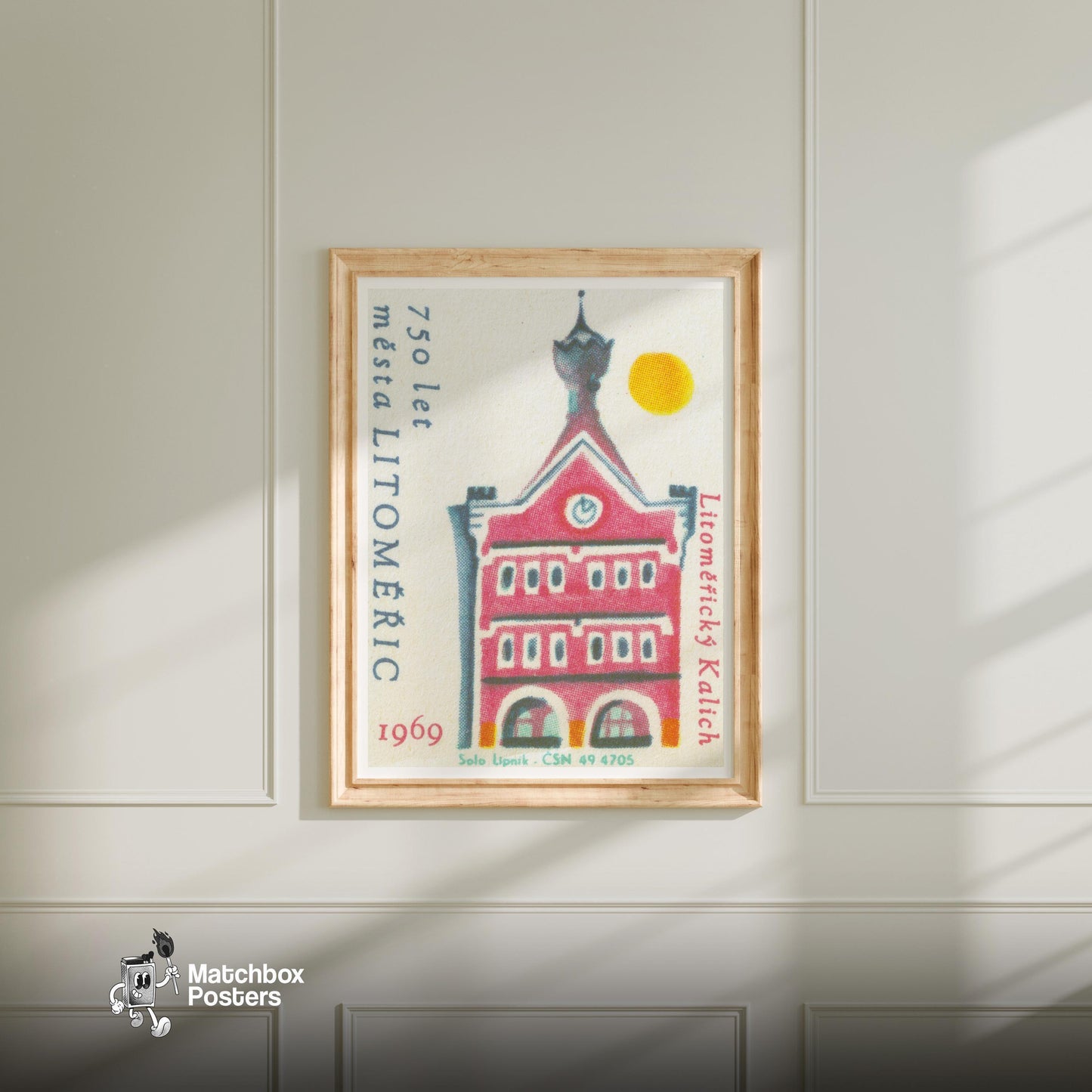 Red Building - vintage matchbox label print - bedroom mockup
