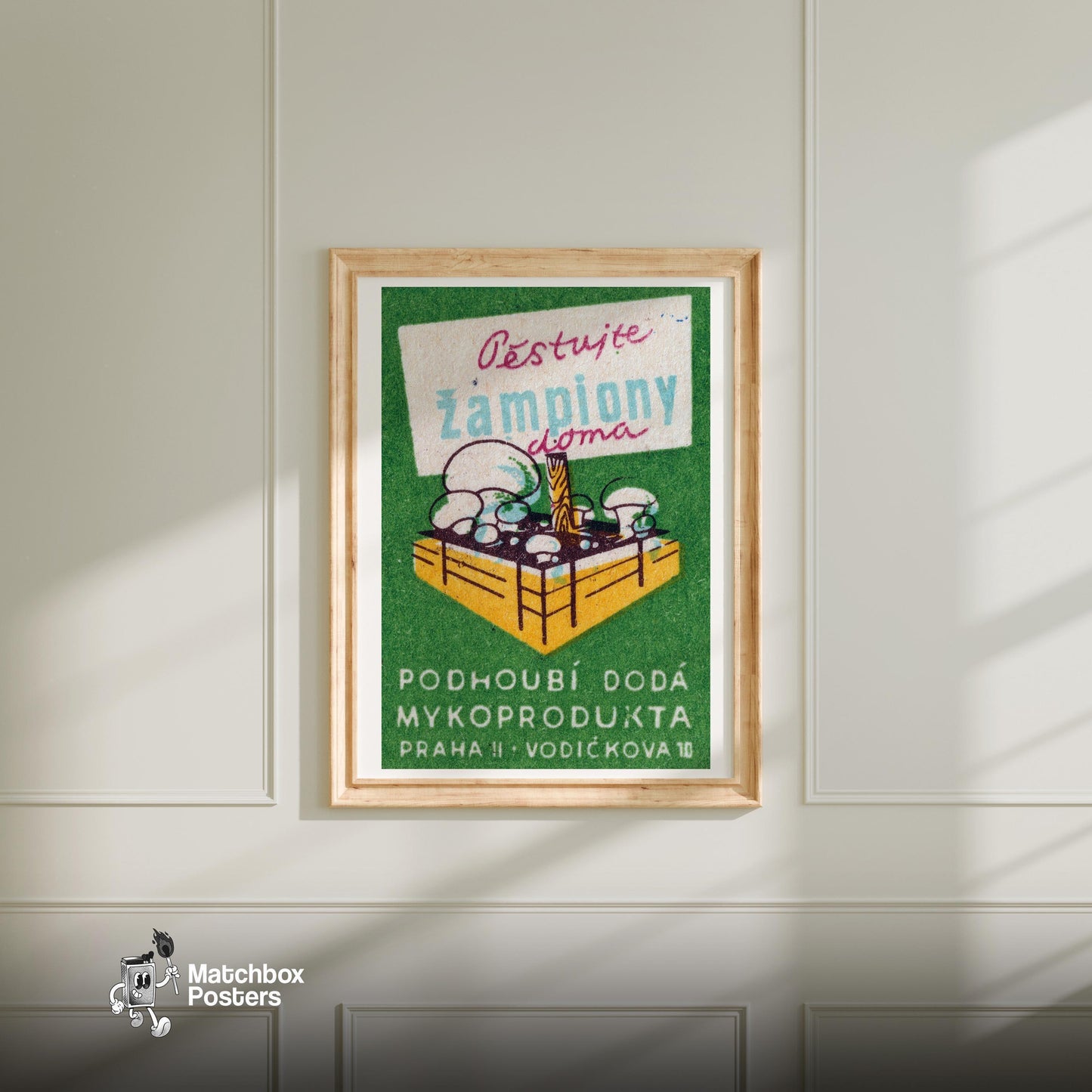 White Mushrooms - vintage matchbox label print - bedroom mockup