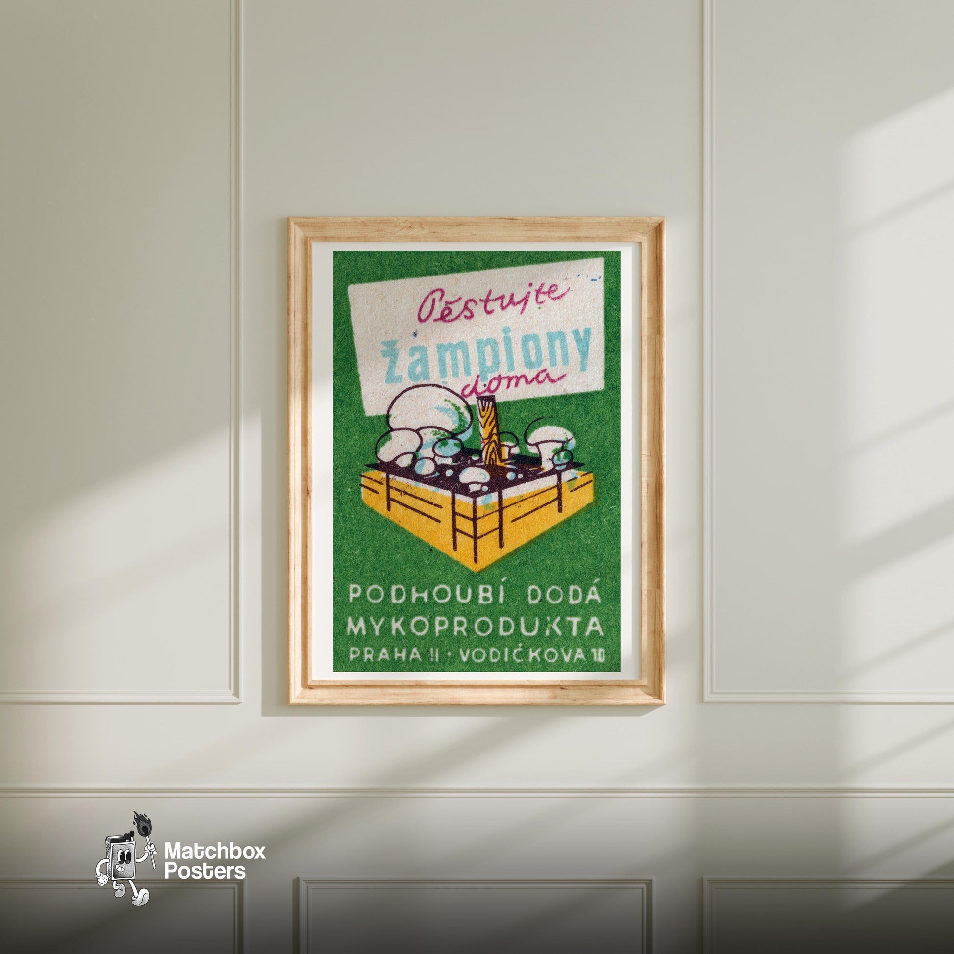White Mushrooms - vintage matchbox label print - bedroom mockup