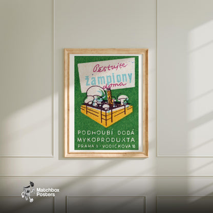 White Mushrooms - vintage matchbox label print - bedroom mockup