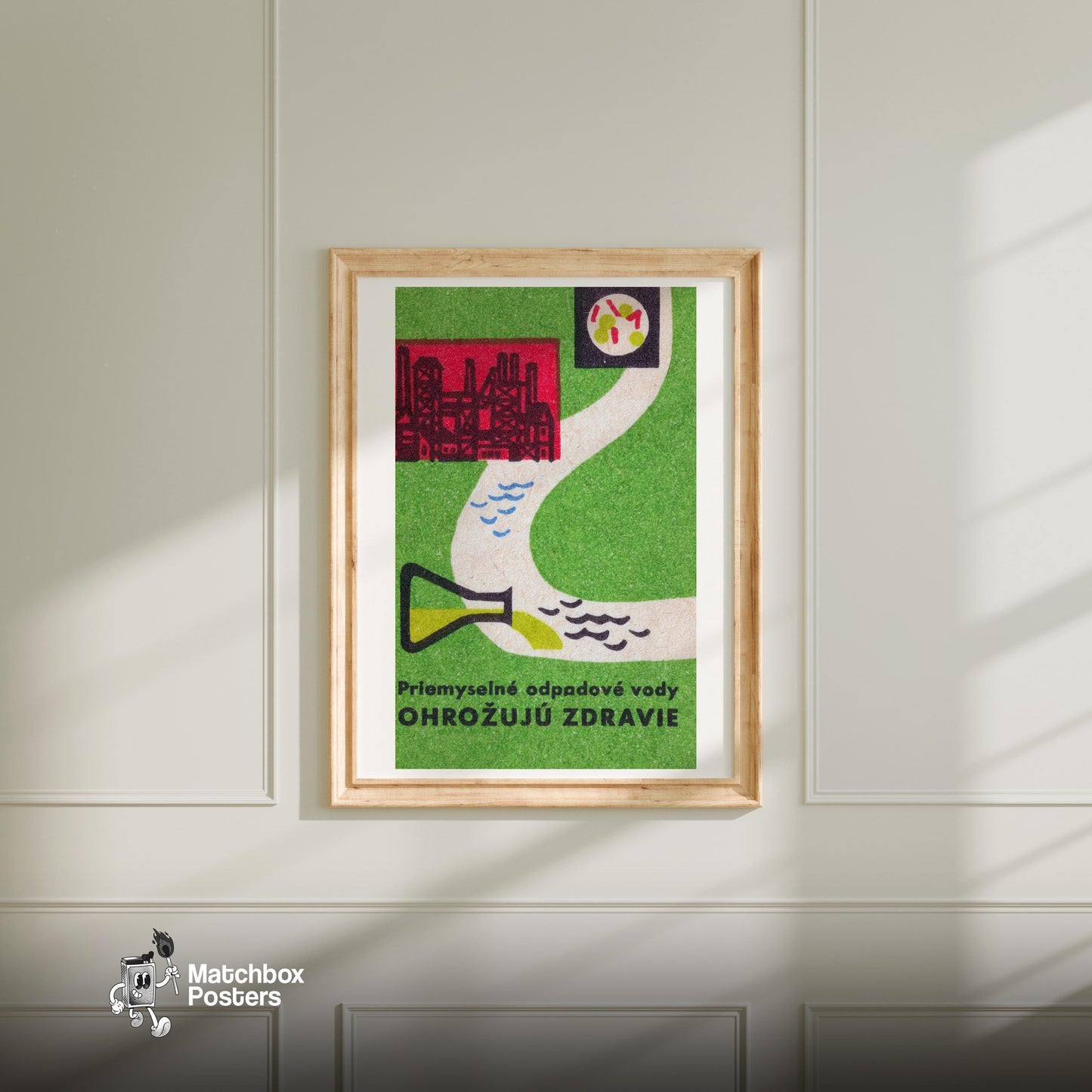 Industrial Waste is a Health Danger - vintage matchbox label print - bedroom mockup