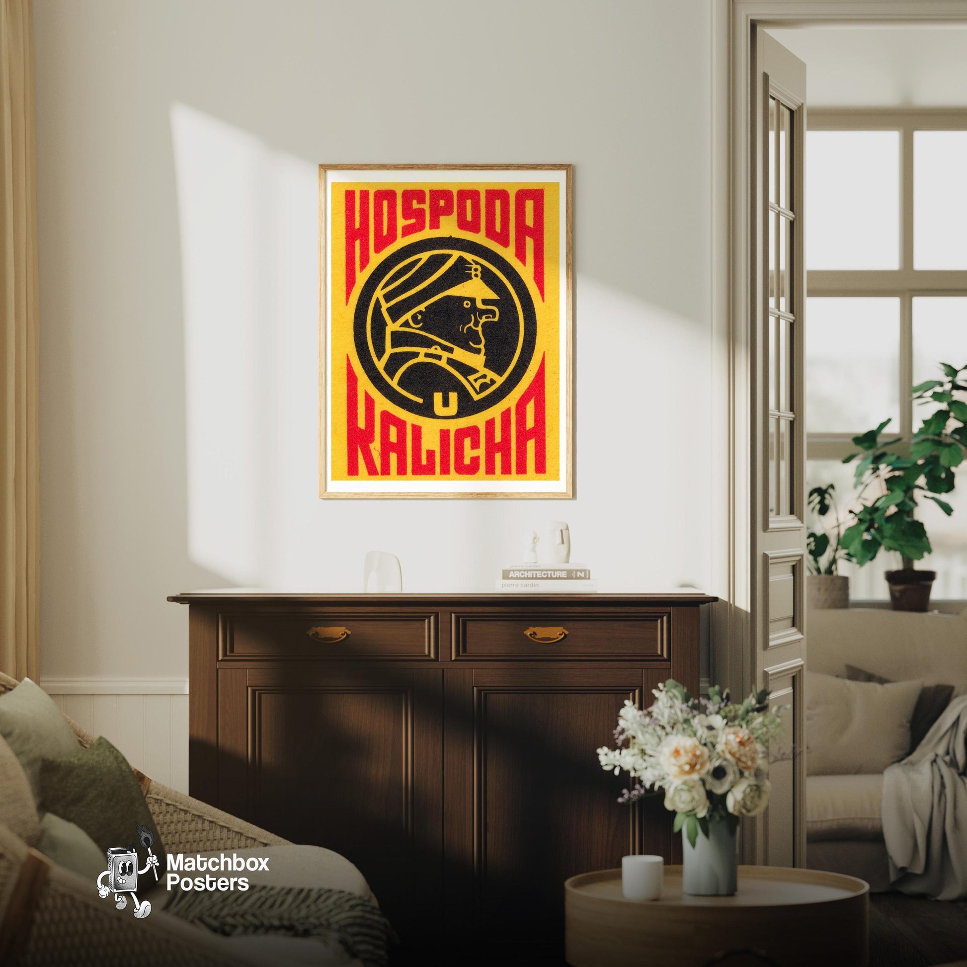 Man in Helmet - vintage matchbox label print - living room mockup