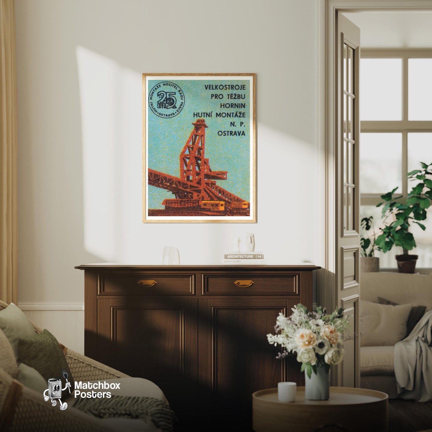 Giant Excavator - vintage matchbox label print - living room mockup