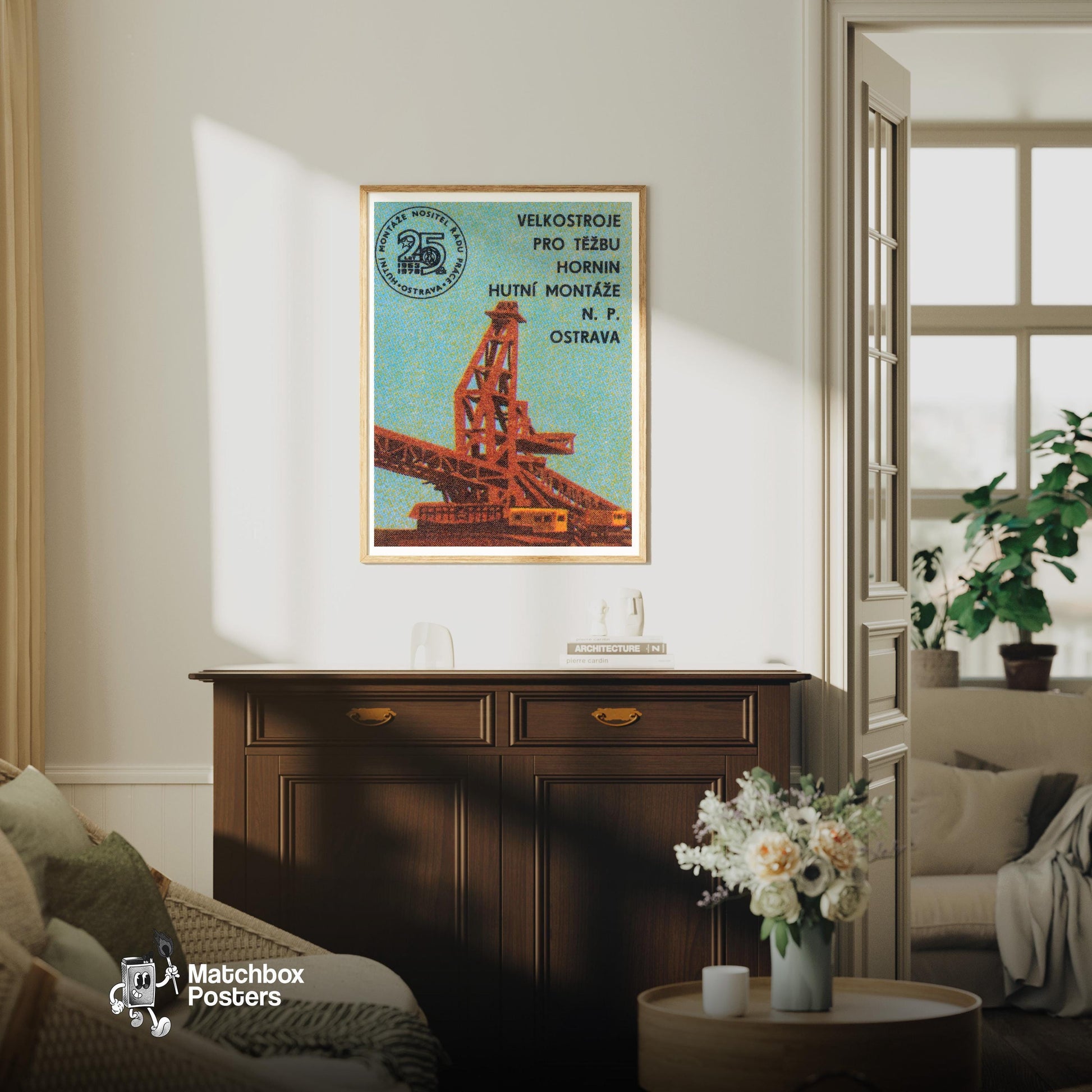 Giant Excavator - vintage matchbox label print - living room mockup