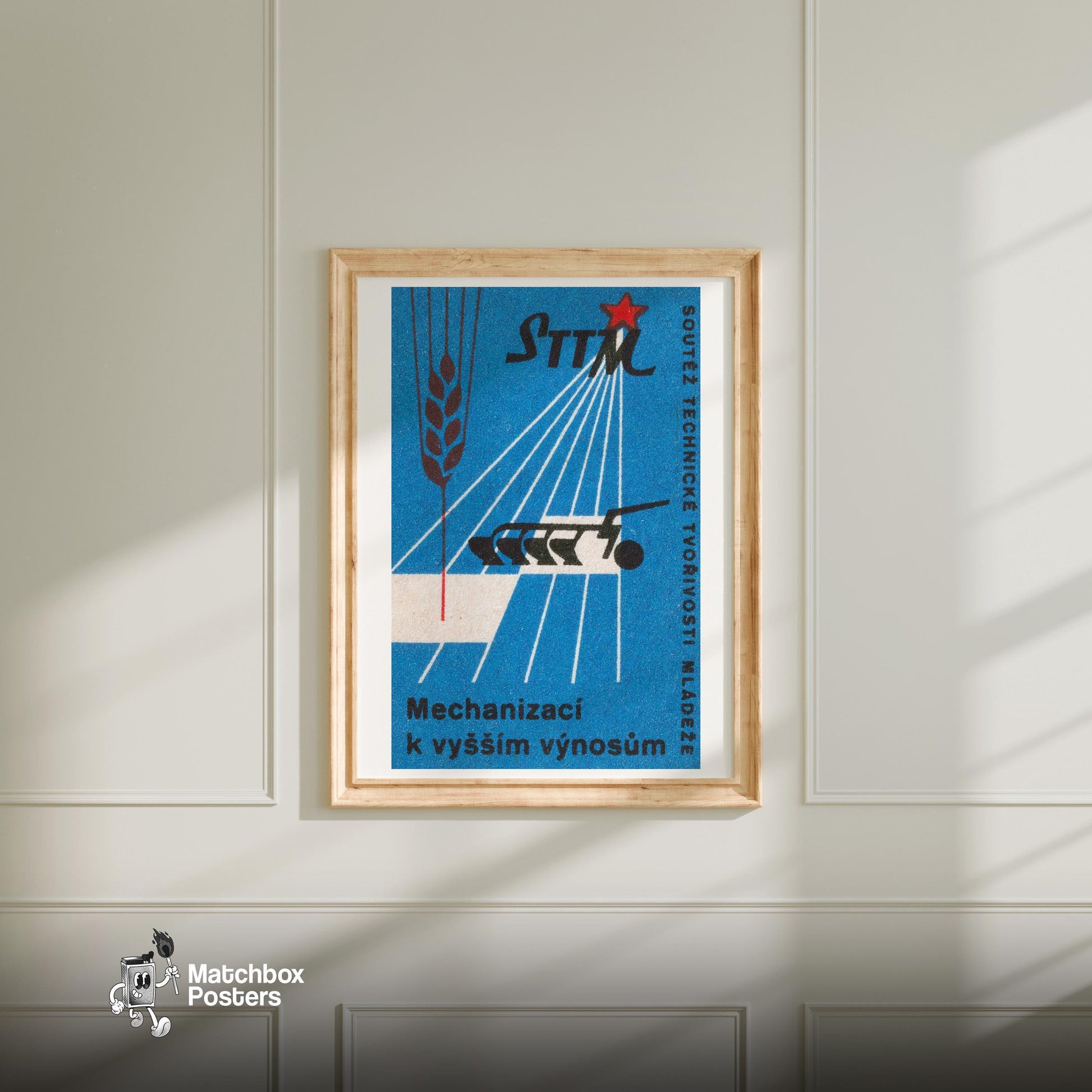 Mechanized Harvesting - vintage matchbox label print - bedroom mockup
