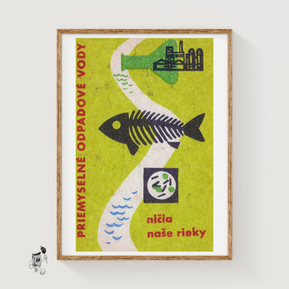 Industrial Waste Destroys Our Rivers - vintage matchbox label print