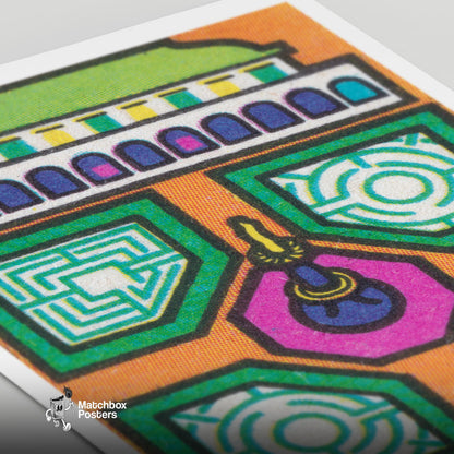 Stylized Building - vintage matchbox label print - close-up detail