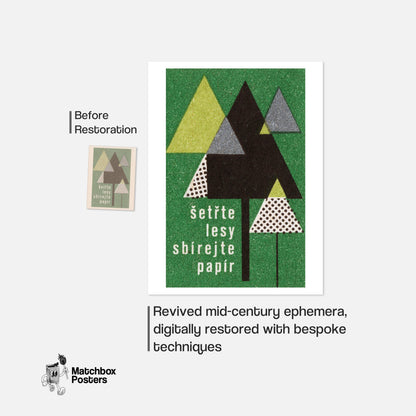 Stylized Geometric Trees - vintage matchbox label print - framed wall art preview