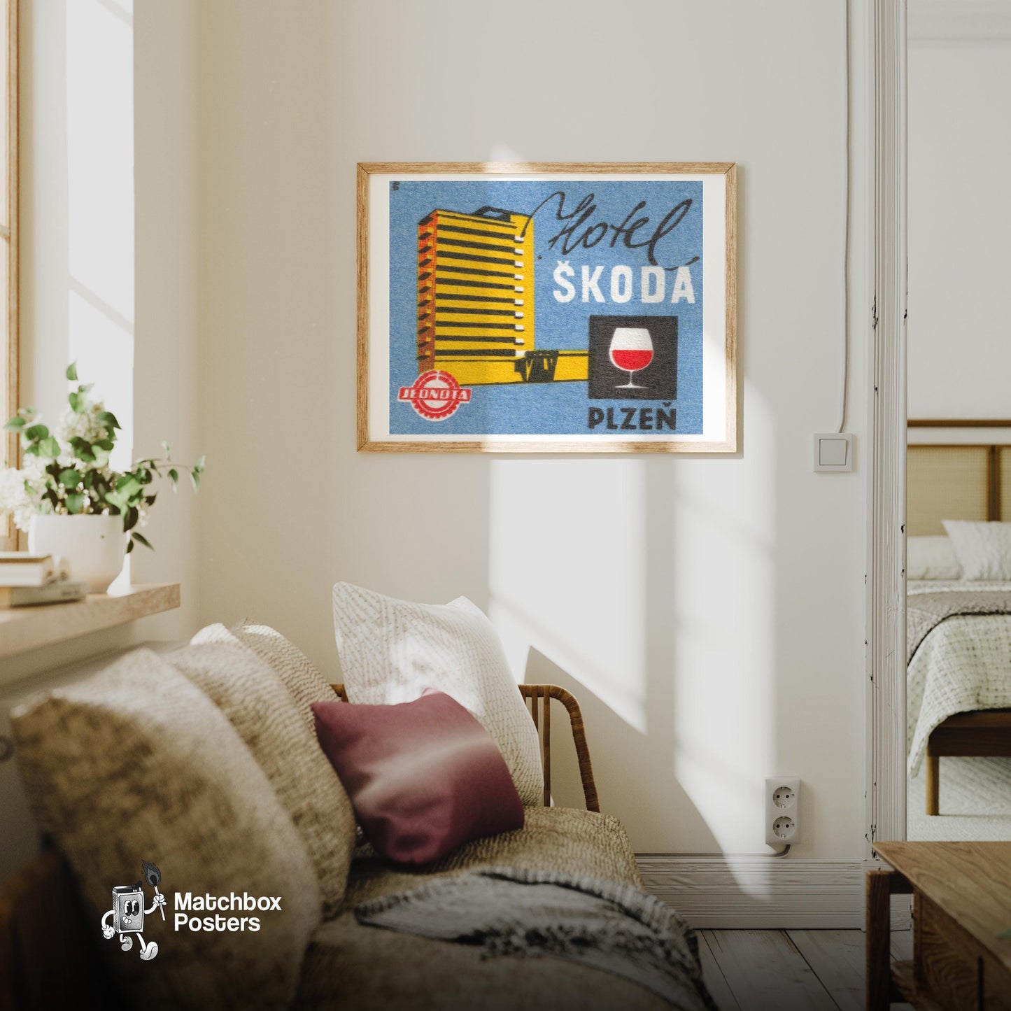 Yellow Hotel Building - vintage matchbox label print - living room mockup