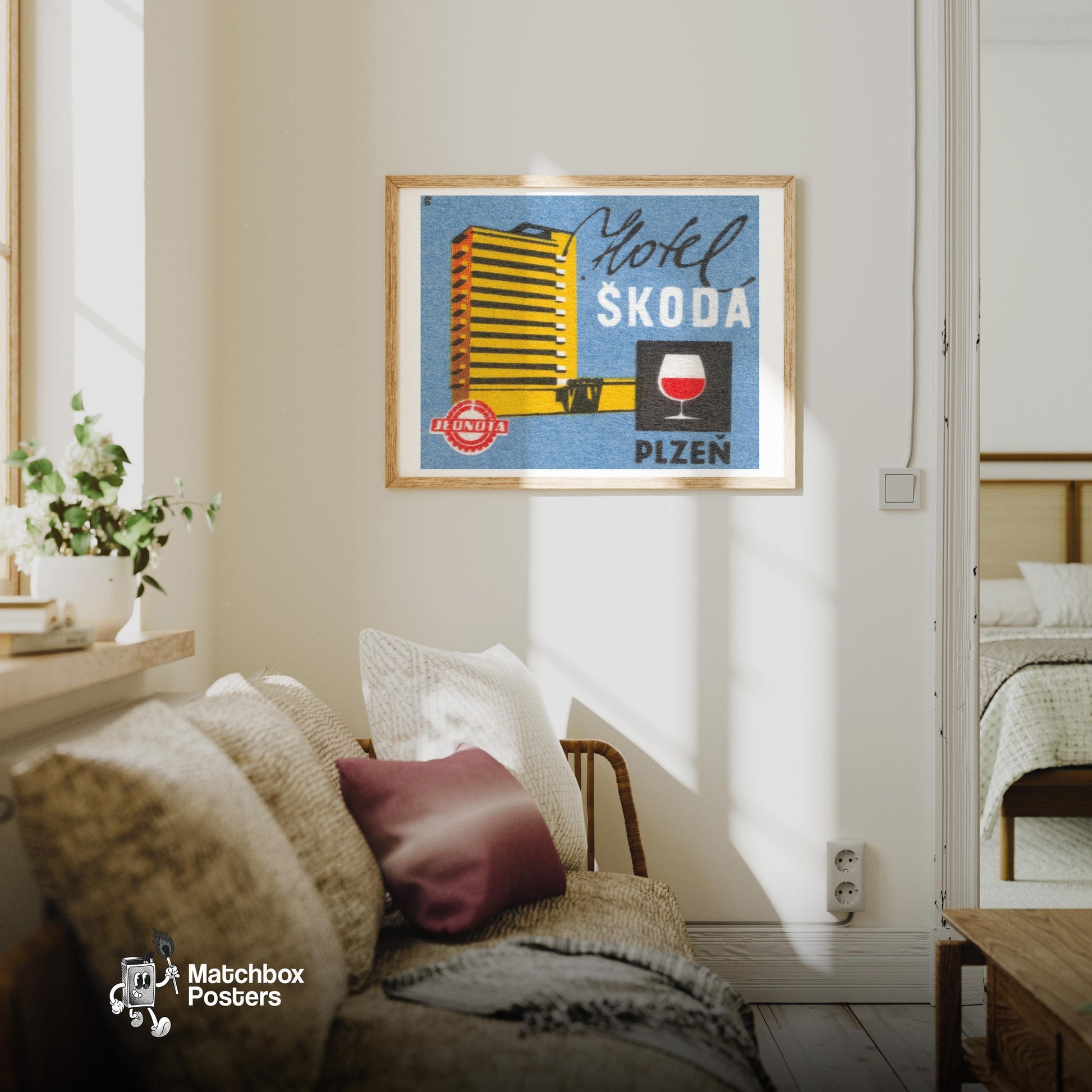 Yellow Hotel Building - vintage matchbox label print - living room mockup