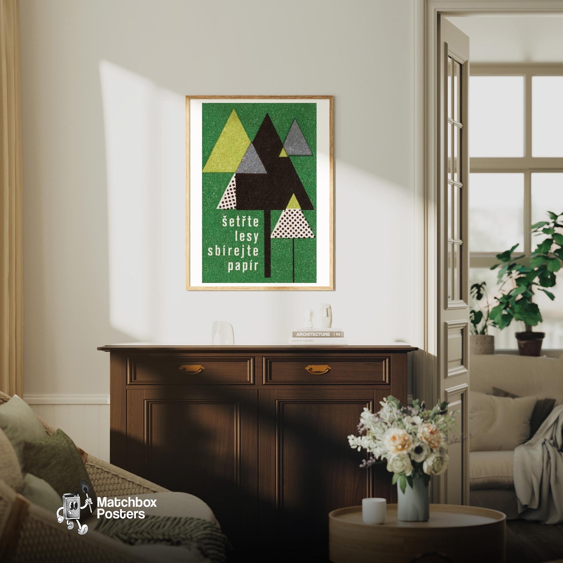 Stylized Geometric Trees - vintage matchbox label print - living room mockup