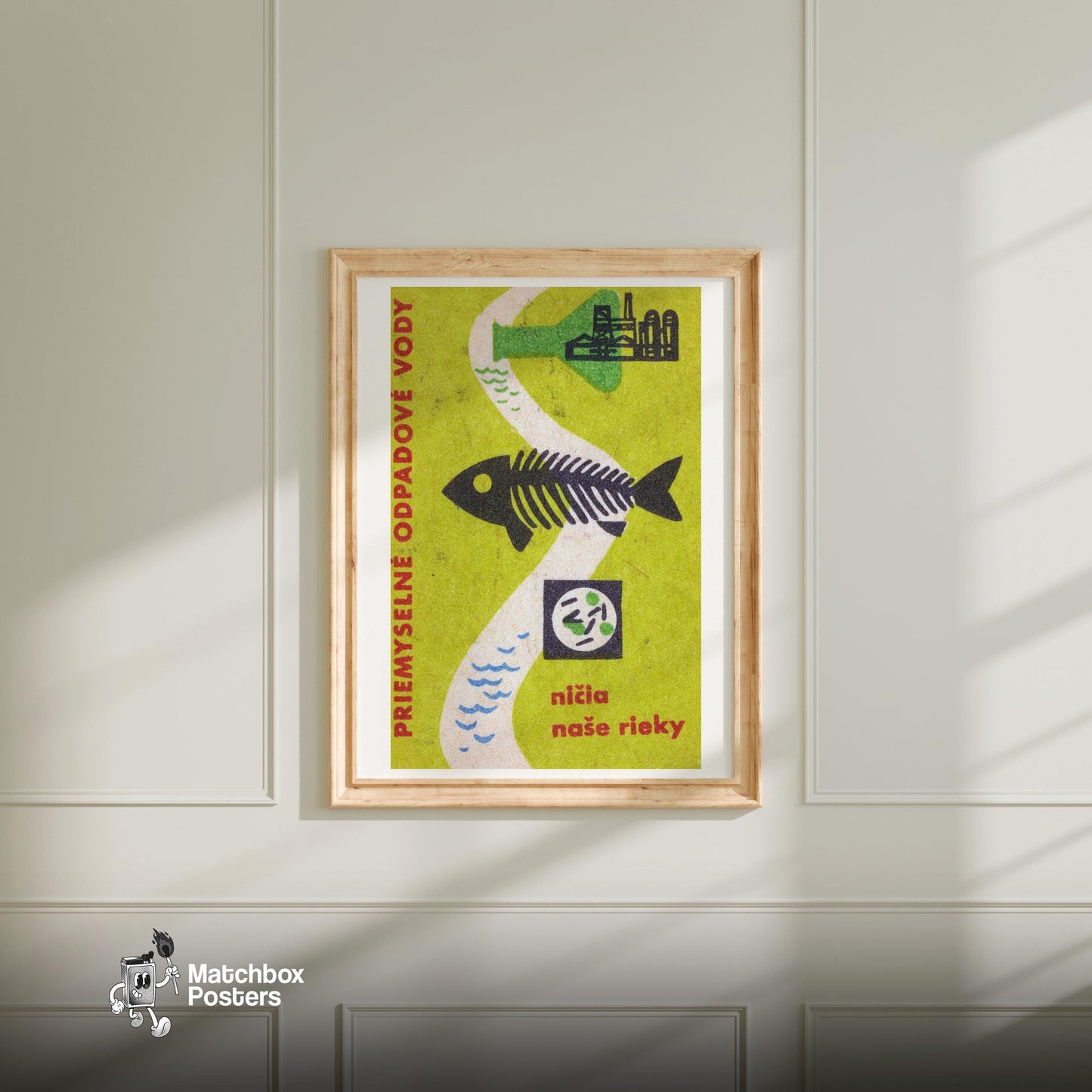 Industrial Waste Destroys Our Rivers - vintage matchbox label print - bedroom mockup