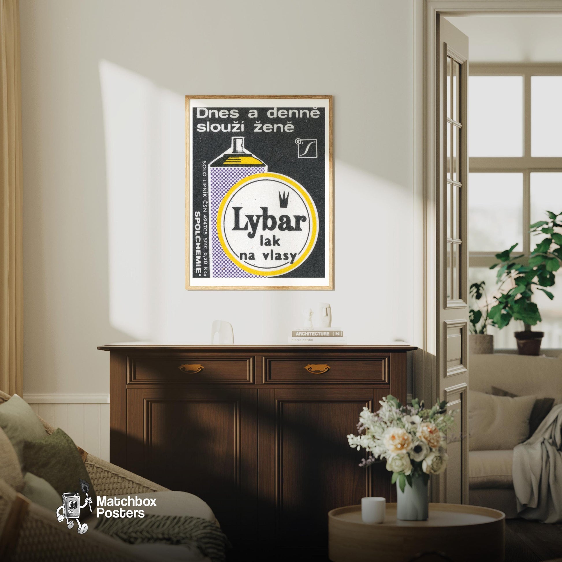 Hair Spray Can - vintage matchbox label print - living room mockup