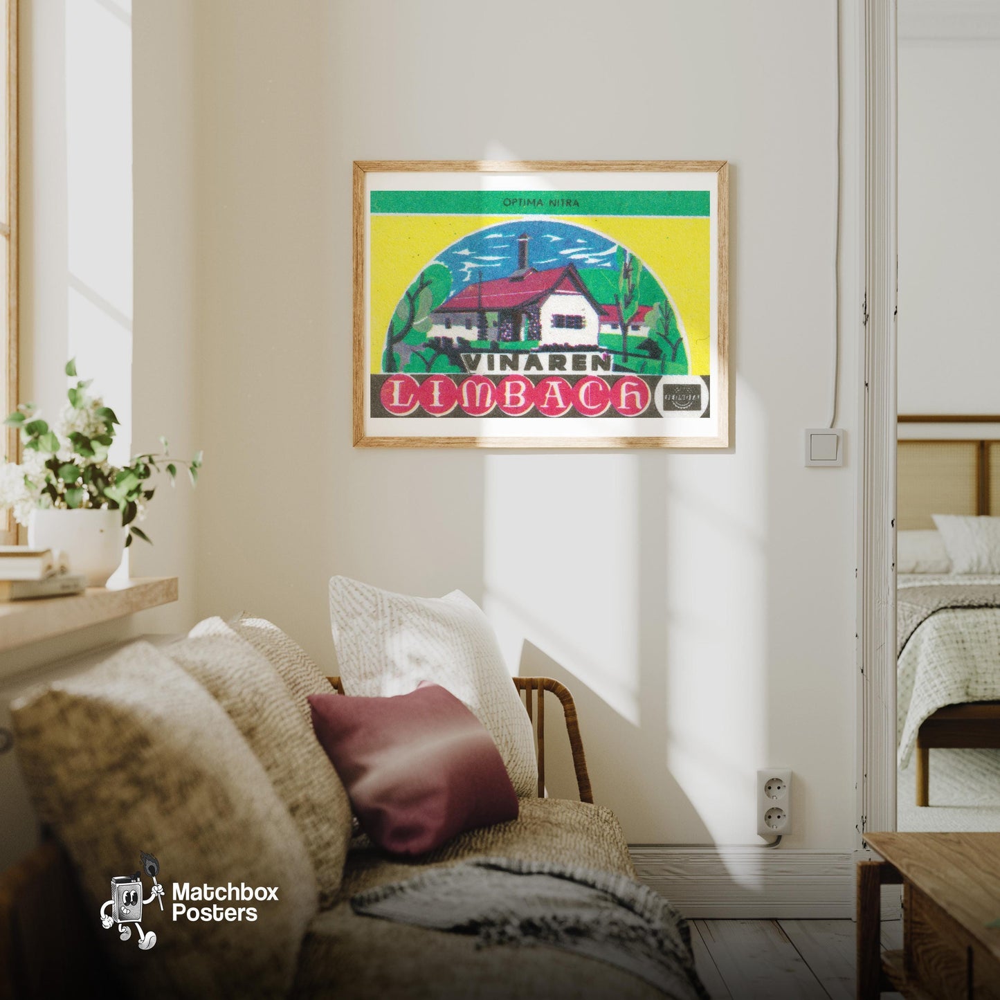 Forest Cabin Hotel - vintage matchbox label print - living room mockup