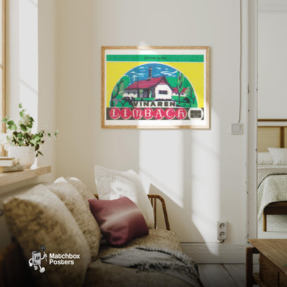 Forest Cabin Hotel - vintage matchbox label print - living room mockup