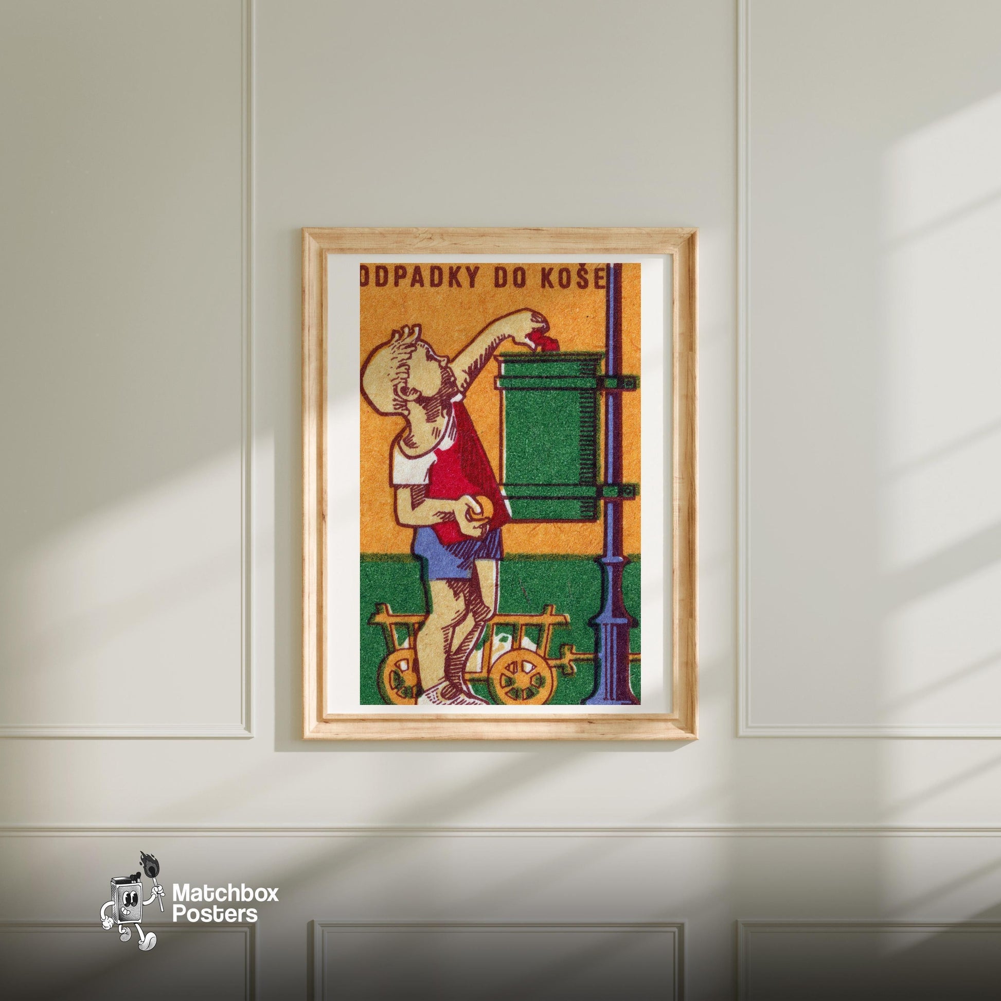 Fruit Peel Goes in Bin - vintage matchbox label print - bedroom mockup