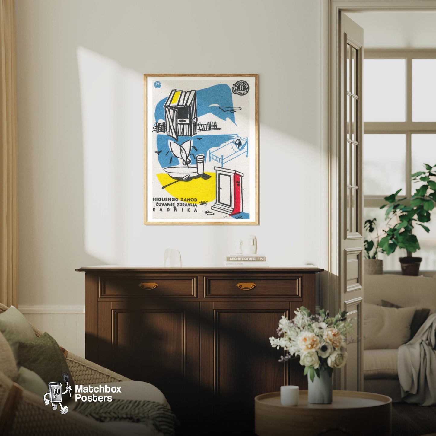 Fly Eating Food - vintage matchbox label print - living room mockup