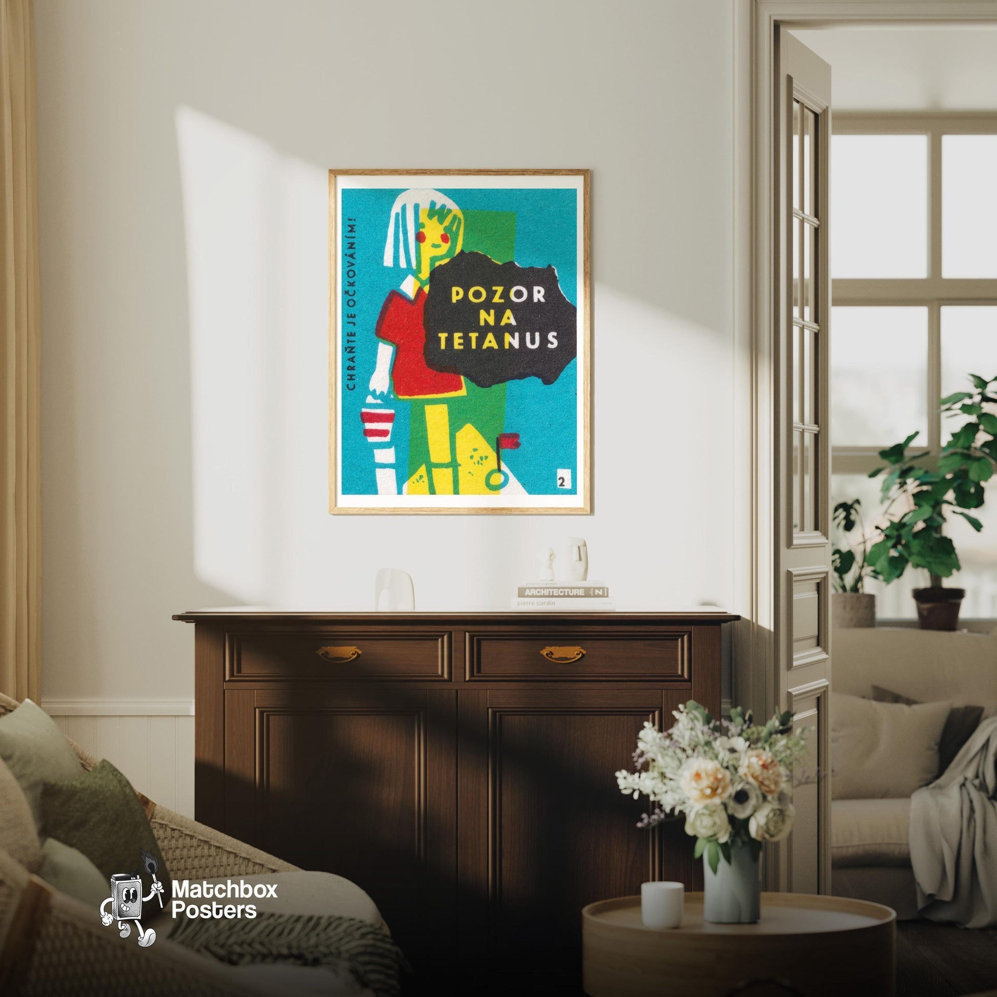 Beware of Tetanus - vintage matchbox label print - living room mockup