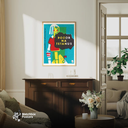 Beware of Tetanus - vintage matchbox label print - living room mockup