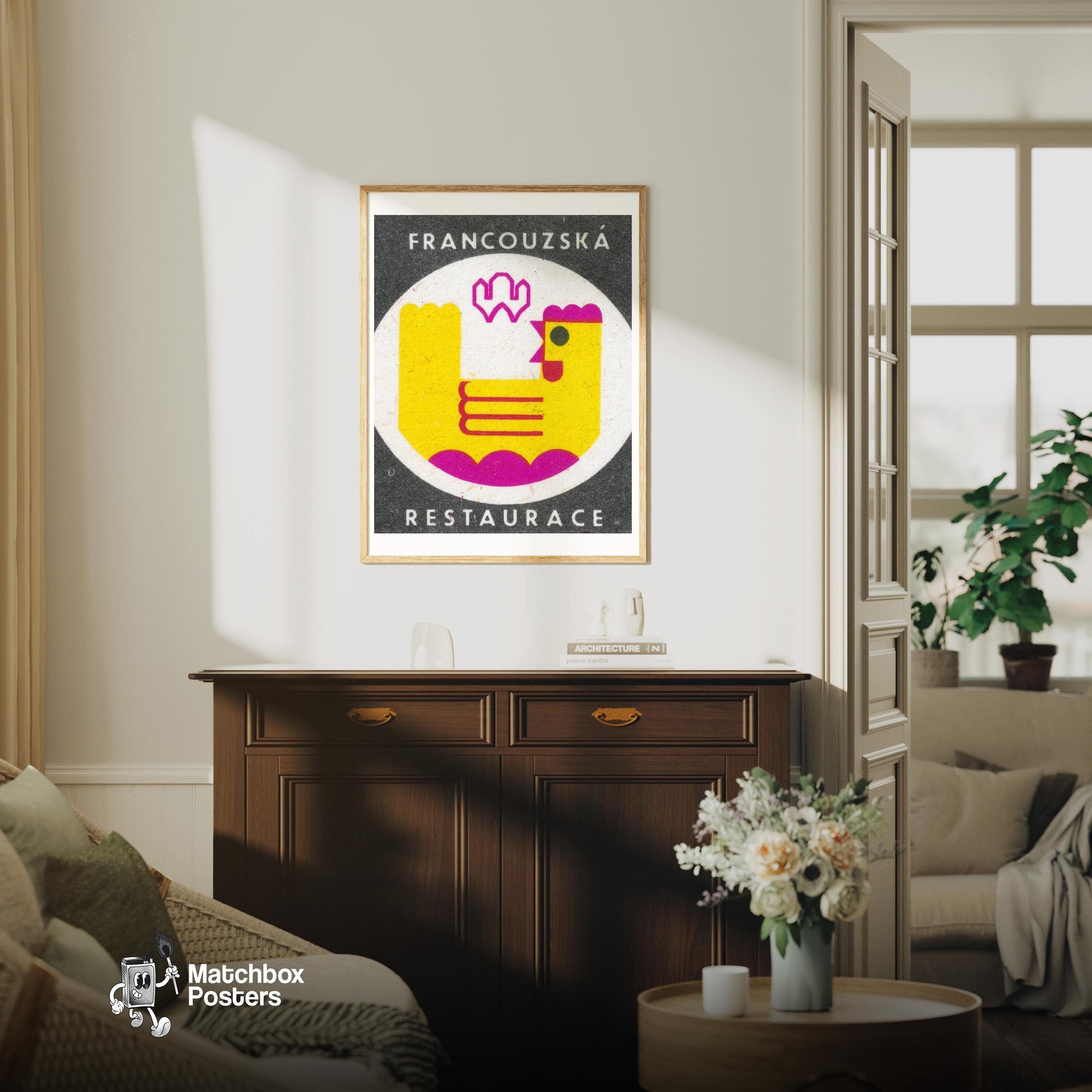 Yellow Chicken - vintage matchbox label print - living room mockup