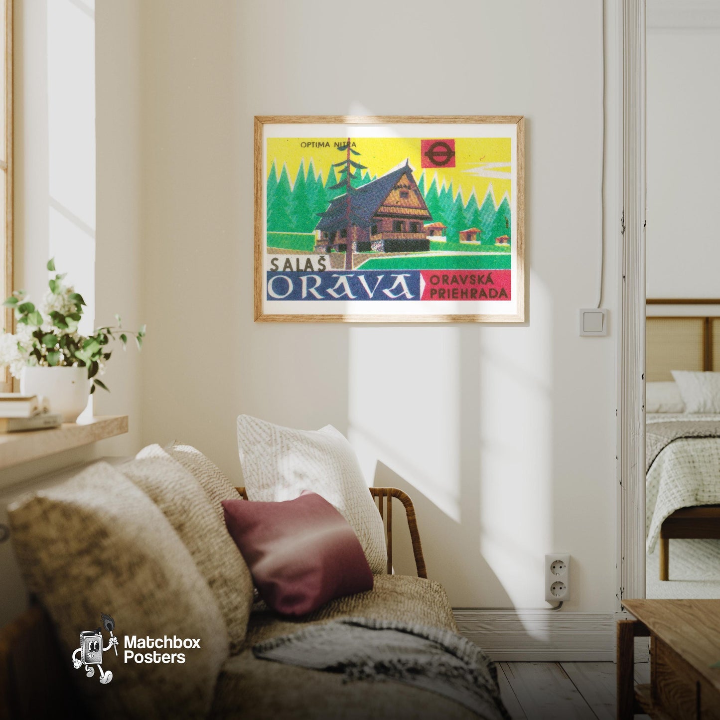 Forest Chalet - vintage matchbox label print - living room mockup