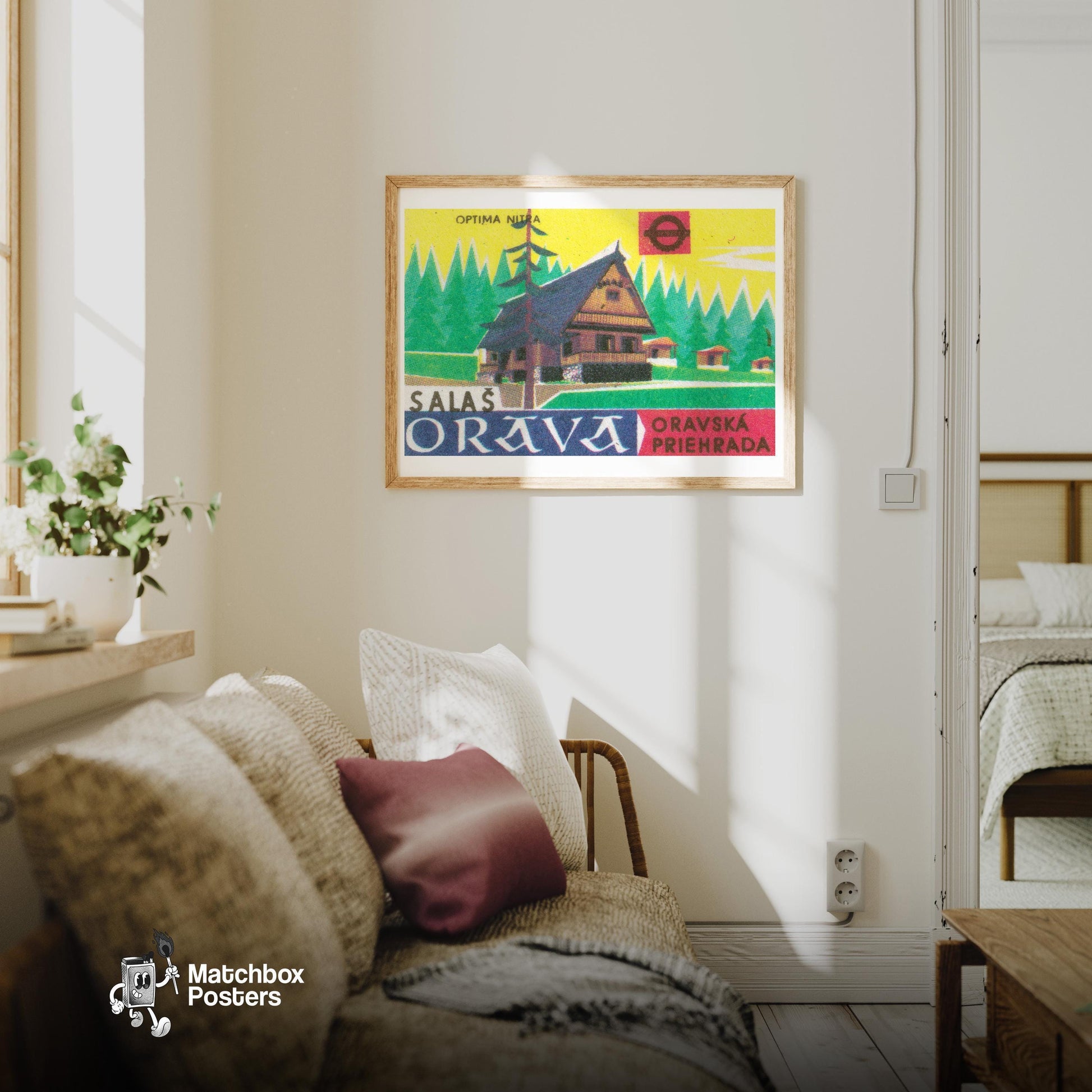 Forest Chalet - vintage matchbox label print - living room mockup