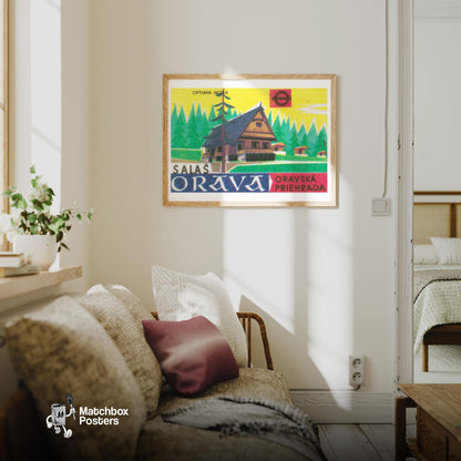 Forest Chalet - vintage matchbox label print - living room mockup