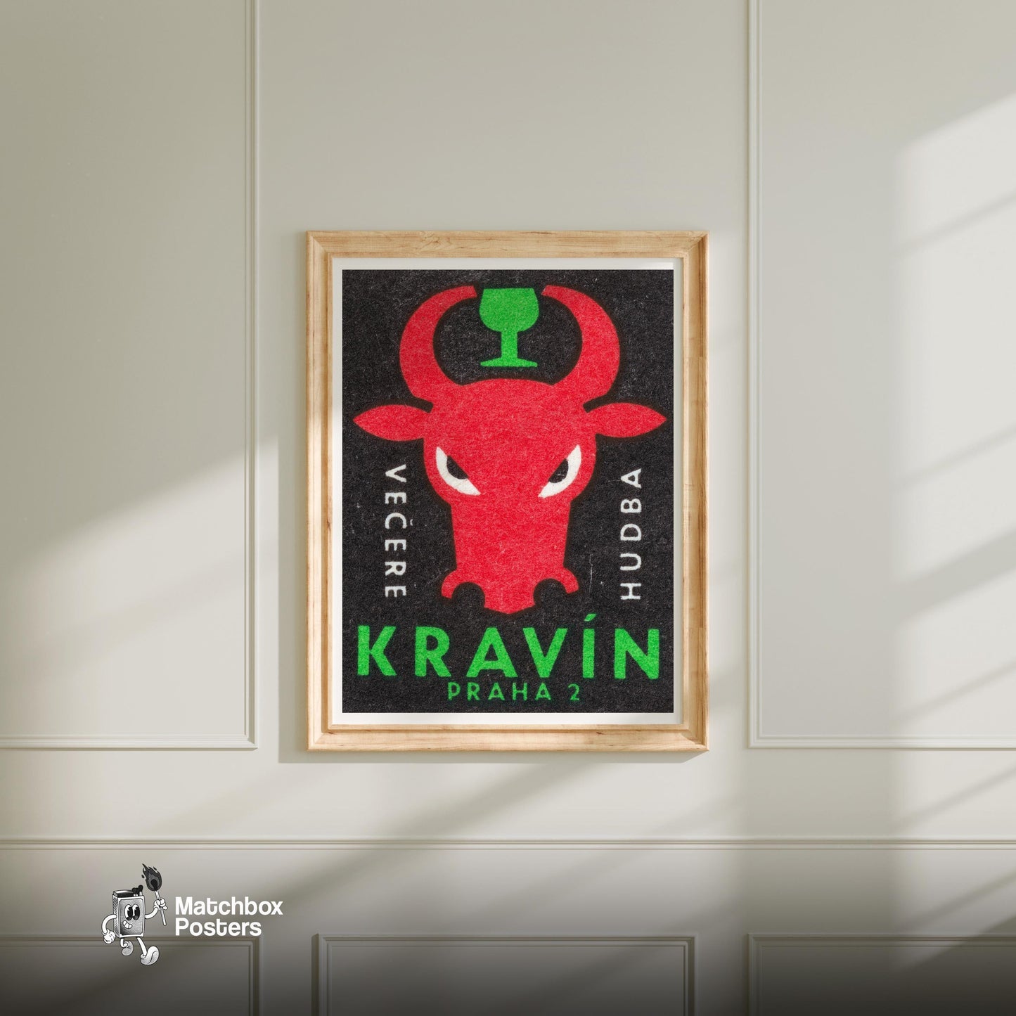 Red Bull with Goblet - vintage matchbox label print - bedroom mockup