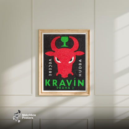 Red Bull with Goblet - vintage matchbox label print - bedroom mockup