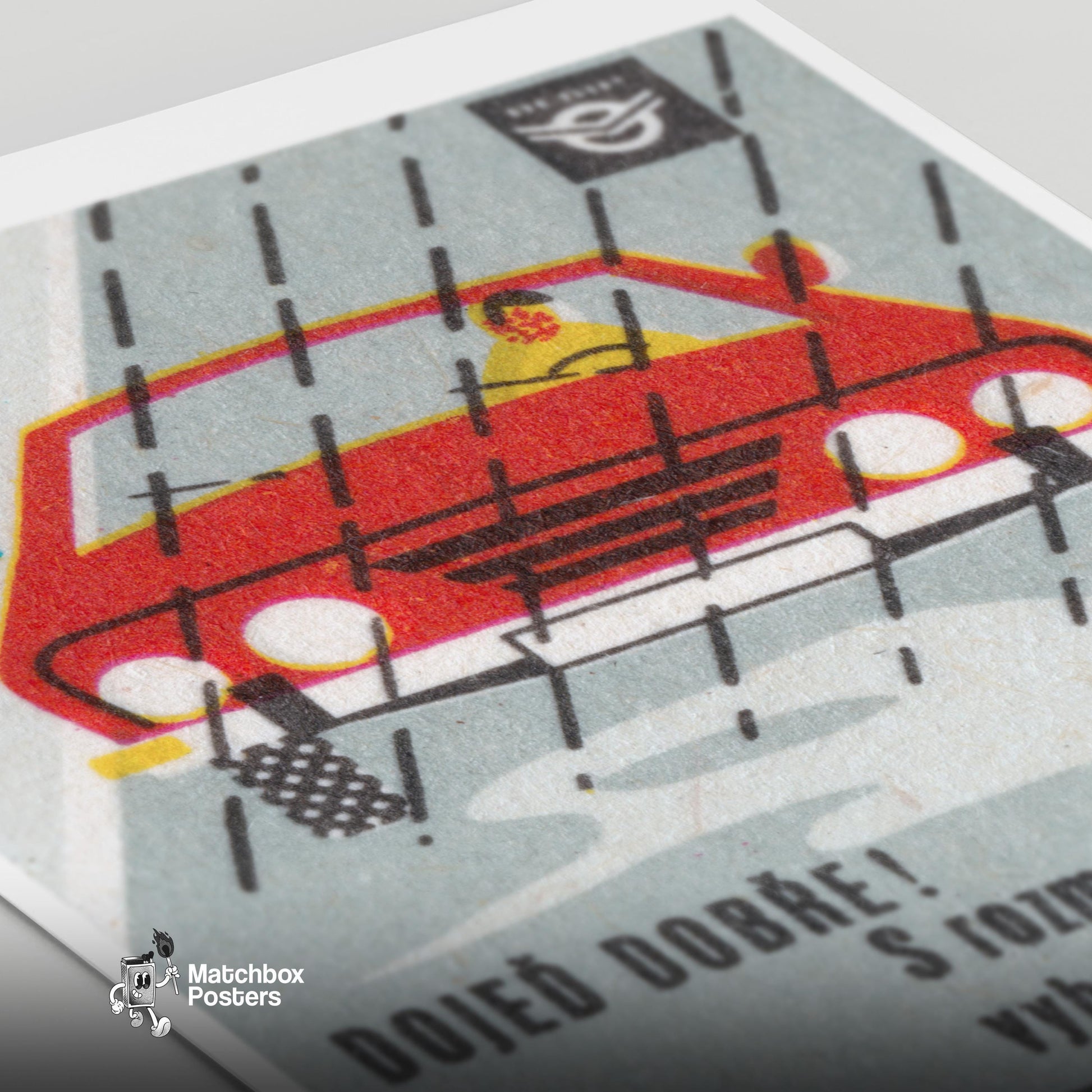 Red Car in Rain - vintage matchbox label print - close-up detail