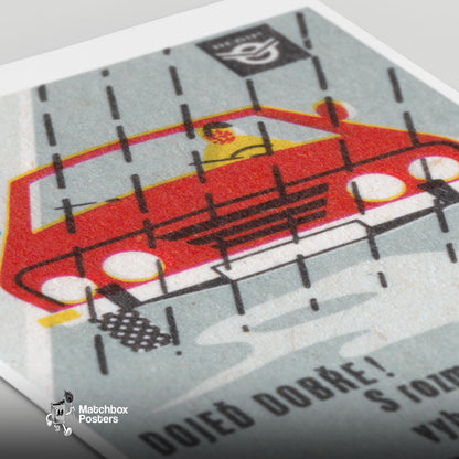 Red Car in Rain - vintage matchbox label print - close-up detail