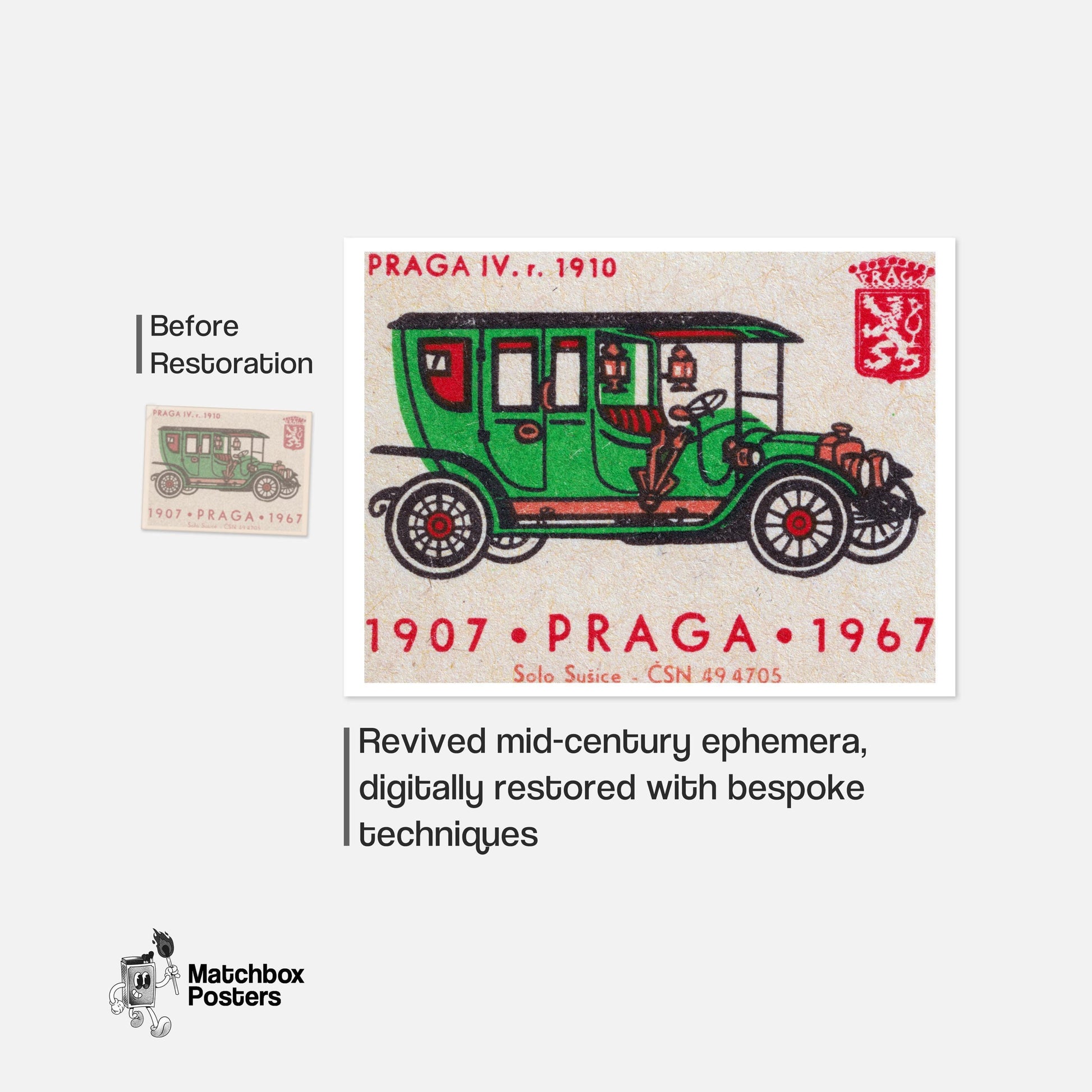 Old Green Car - vintage matchbox label print - framed wall art preview