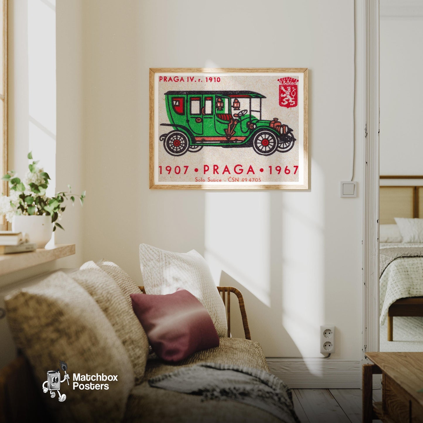 Old Green Car - vintage matchbox label print - living room mockup