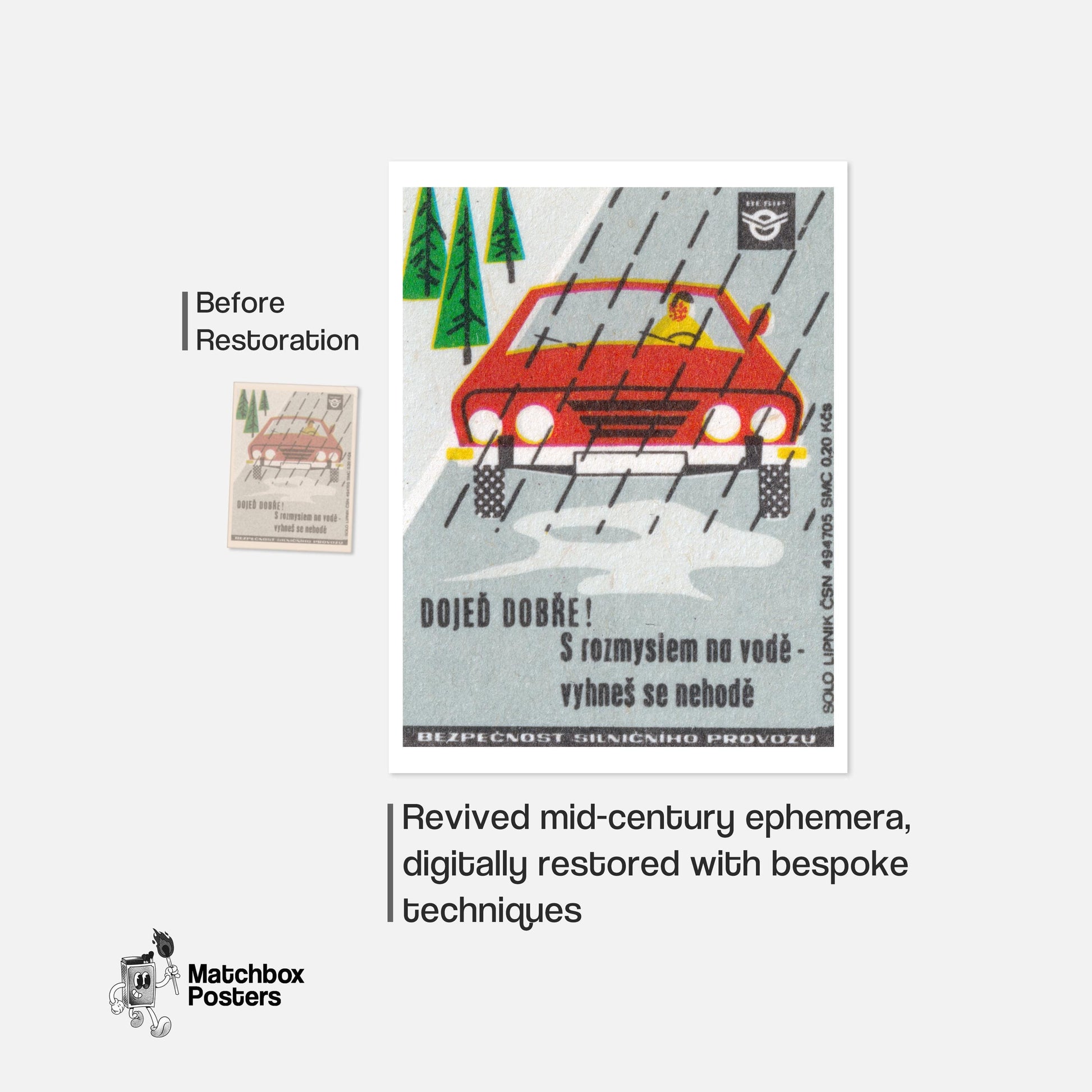 Red Car in Rain - vintage matchbox label print - framed wall art preview