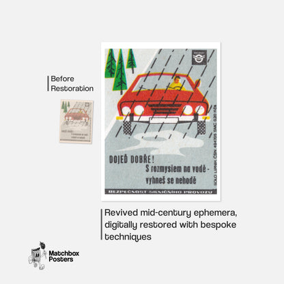 Red Car in Rain - vintage matchbox label print - framed wall art preview