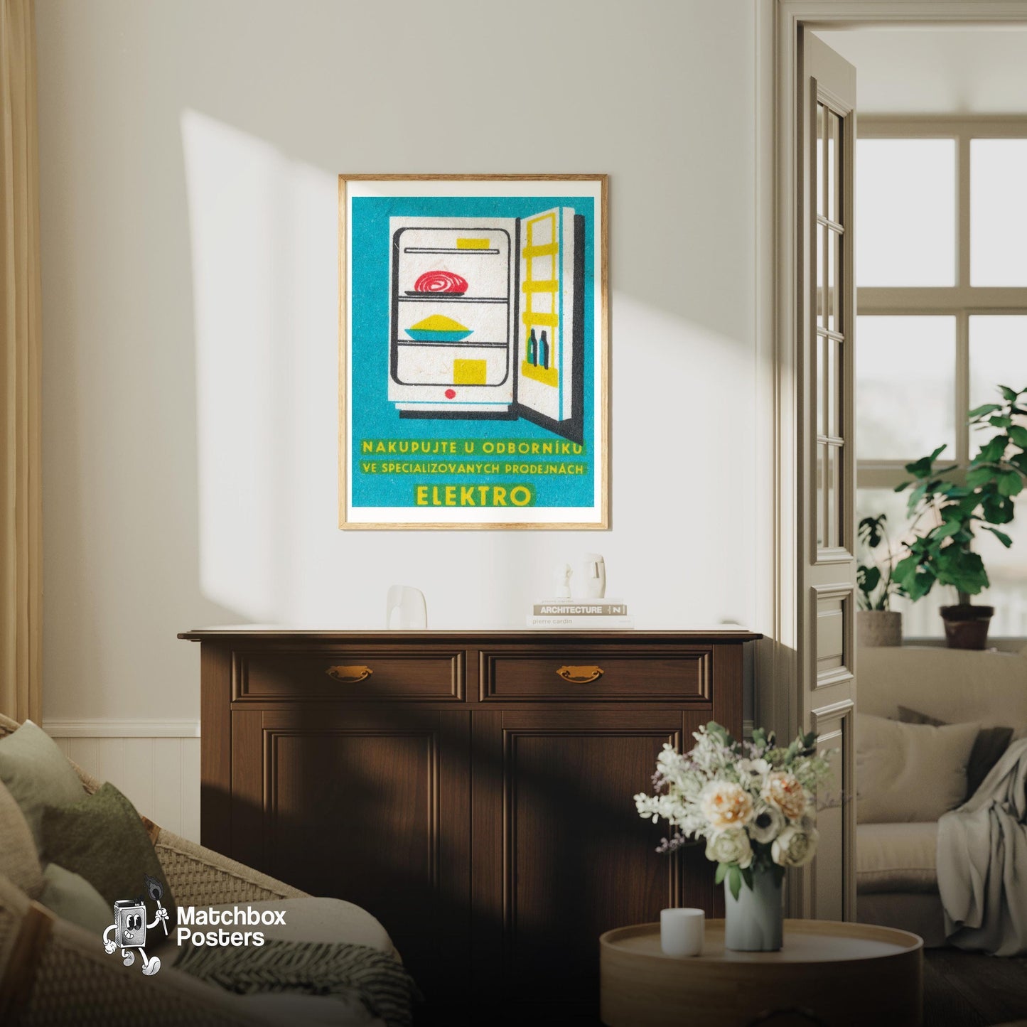 Open Refrigerator - vintage matchbox label print - living room mockup
