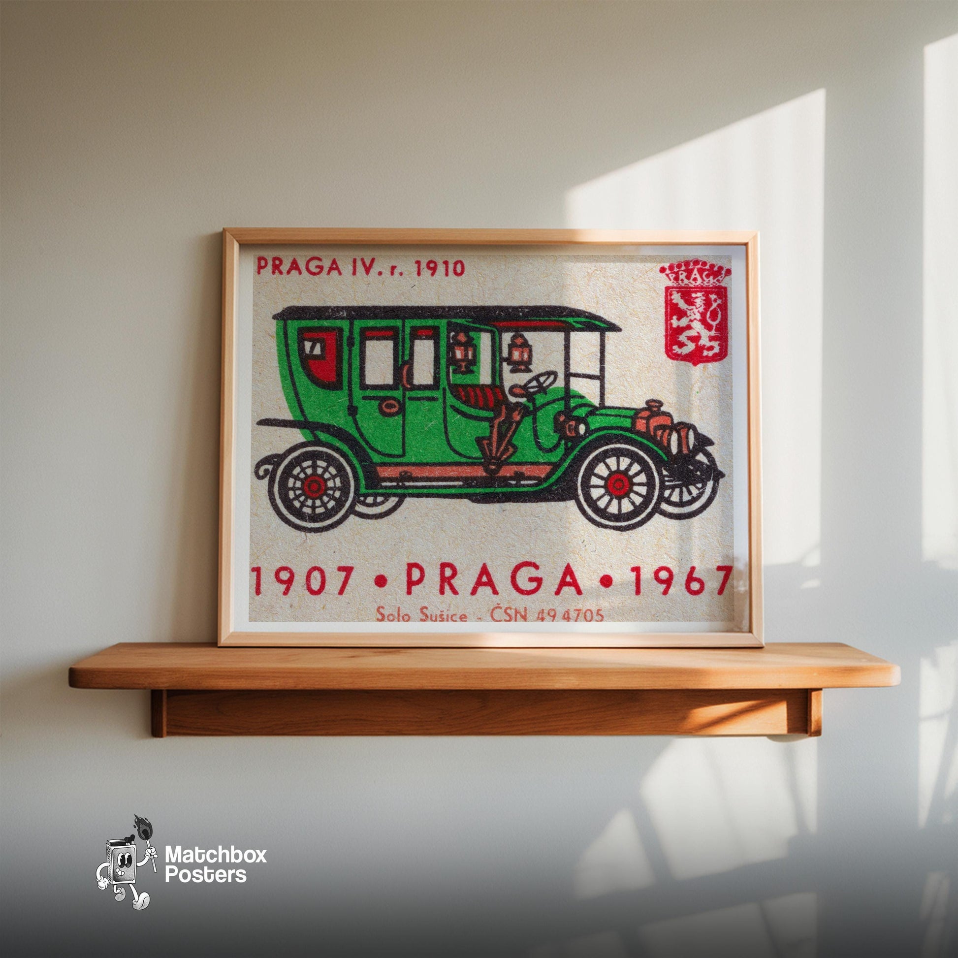 Old Green Car - vintage matchbox label print - size comparison