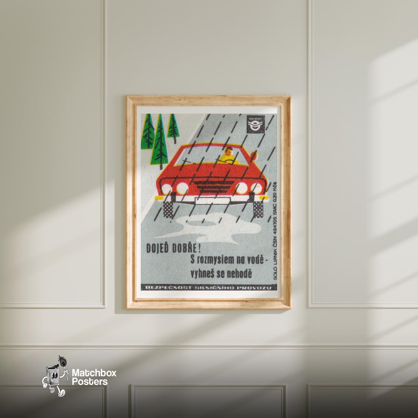Red Car in Rain - vintage matchbox label print - bedroom mockup